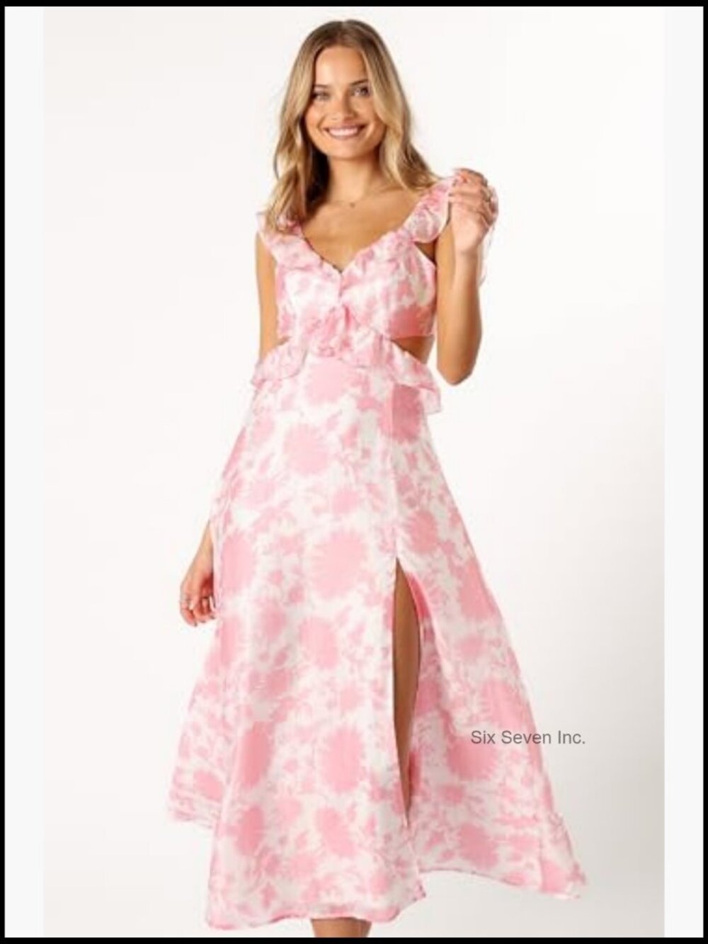 Polyester Maxi Dress with V-Neck Ruffle and Open Back Tie - Picture 6 of 7